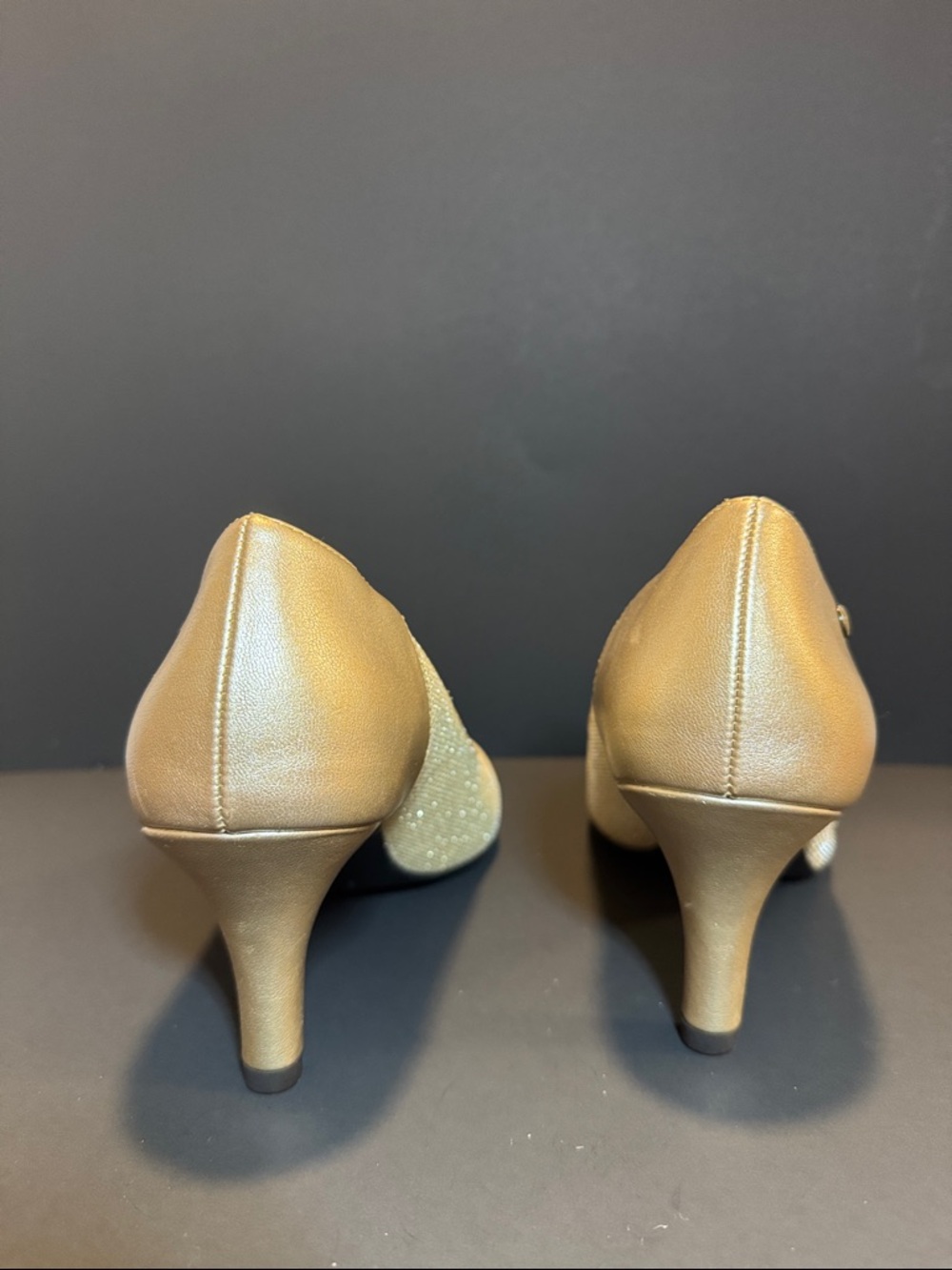 Women's Shimmery Gold Pointed Low Heel Pumps - Picture 4 of 10